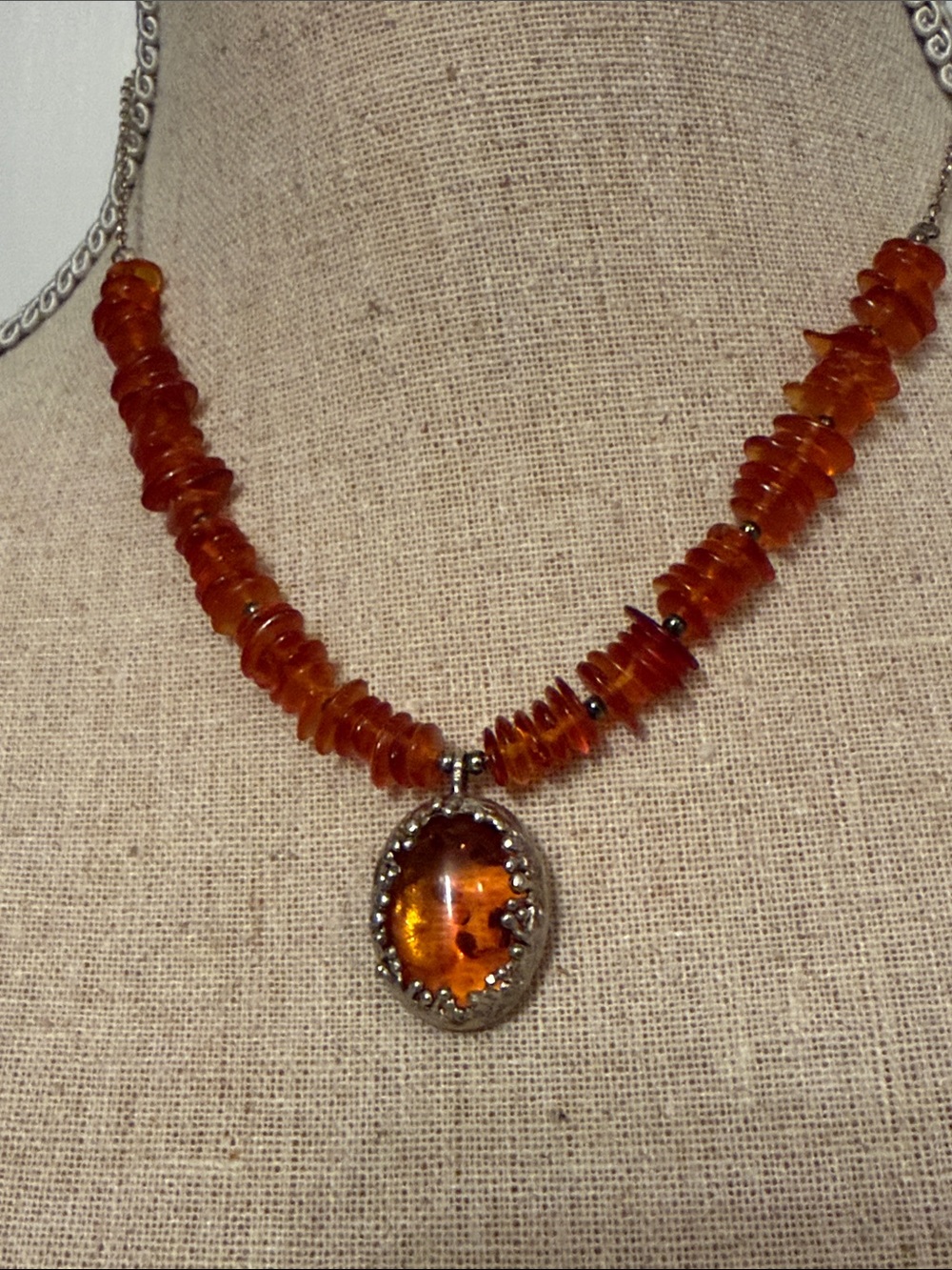 NECKLACE AMBER PENDANT & CHIPS STERLING SILVER 925 CHAIN AND SETTING 16”
